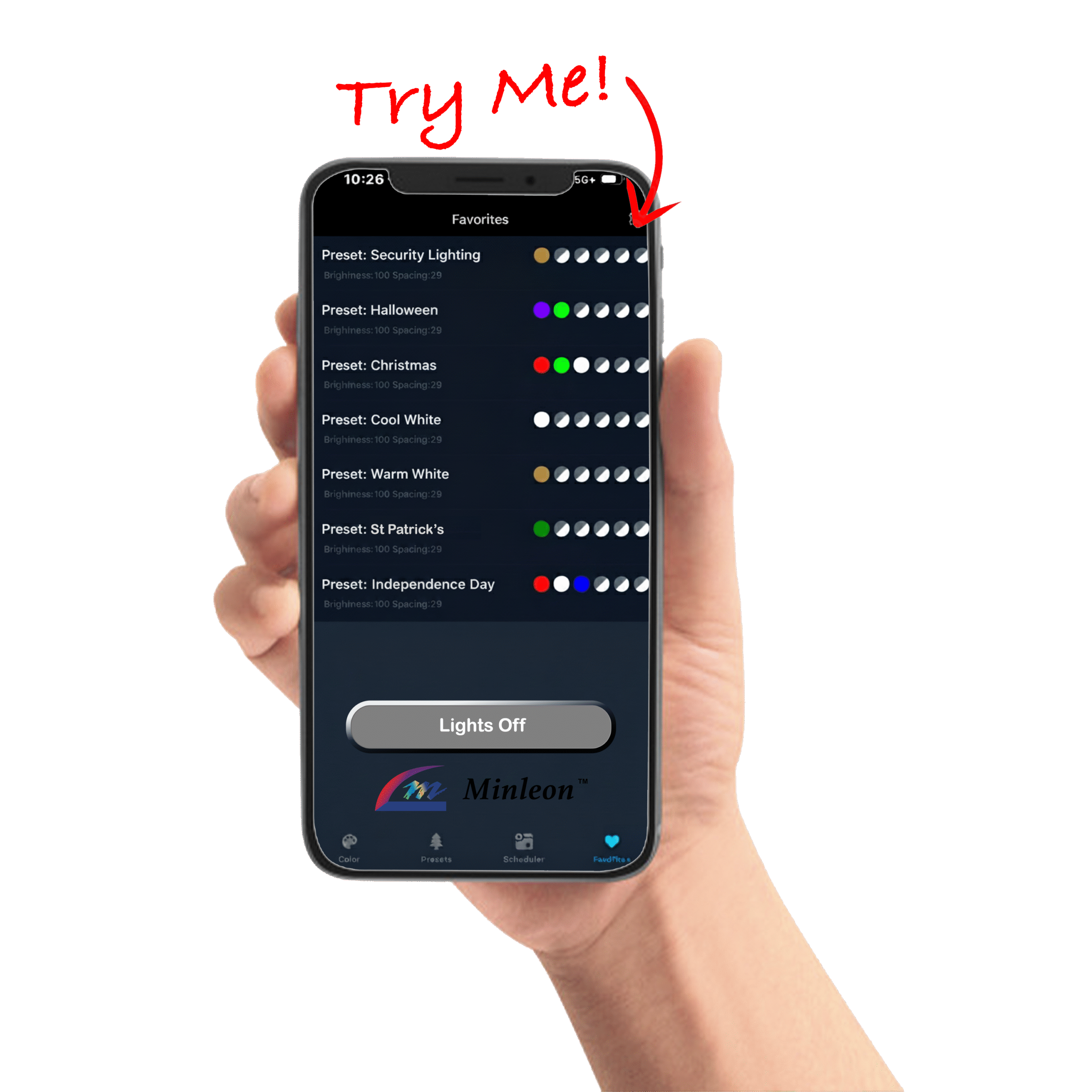 Hand holding phone with lighting control app interface